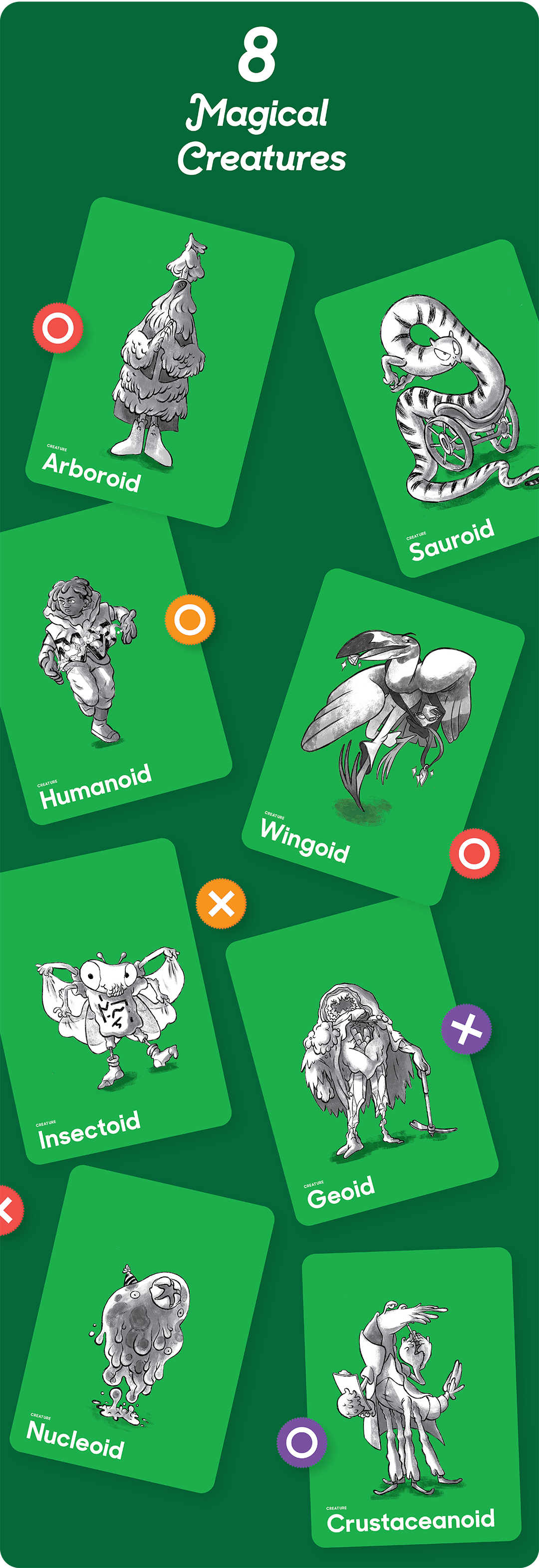 images of the eight creatures in fliptales, humanoid, arboroid, insectoid, sauroid, geoid, crustaceanoid, wingoid, and nucleoid
